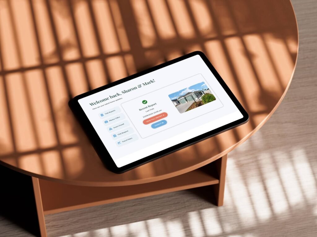 iPad on table showing In the Bubble Home Watch client dashboard with property photo and recent home report update.