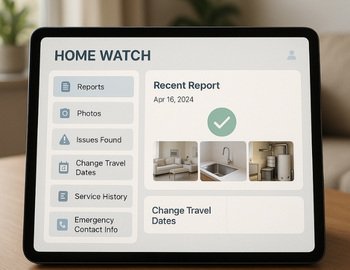 Tablet screen showing a modern home watch dashboard with recent reports, photos, and service options, illustrating digital tracking and peace of mind for homeowners.