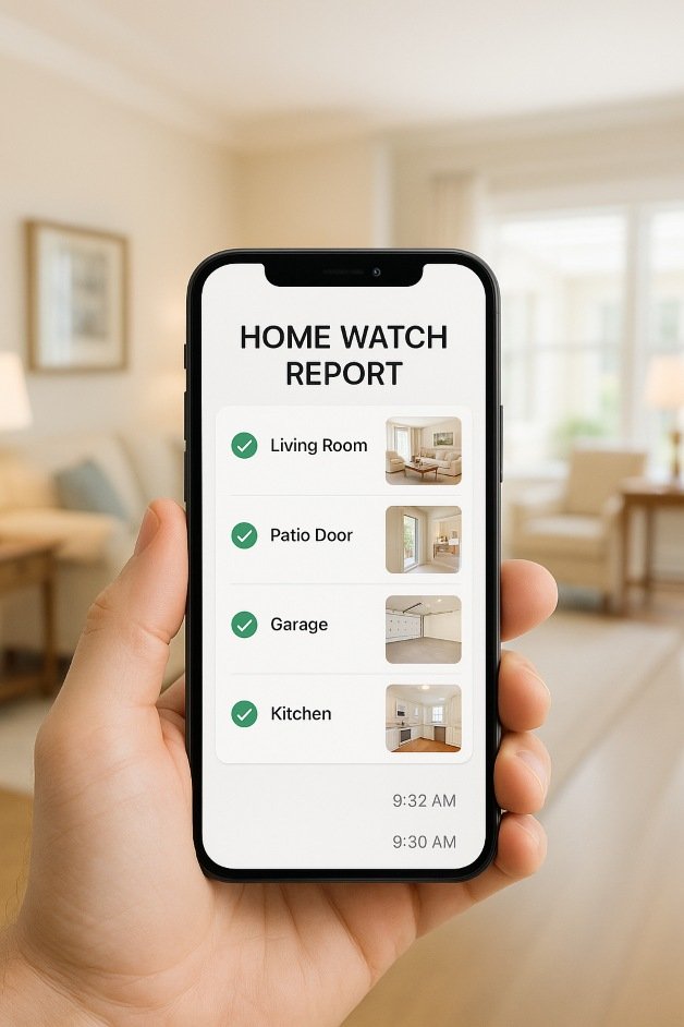 A hand holding a smartphone displaying a “Home Watch Report” app interface. The report shows completed checks for the Living Room, Patio Door, Garage, and Kitchen, each with a green checkmark and corresponding photo. Timestamps at the bottom indicate visit times of 9:30 AM and 9:32 AM. The background features a bright, neatly furnished living room with soft lighting, suggesting a cozy Florida home.