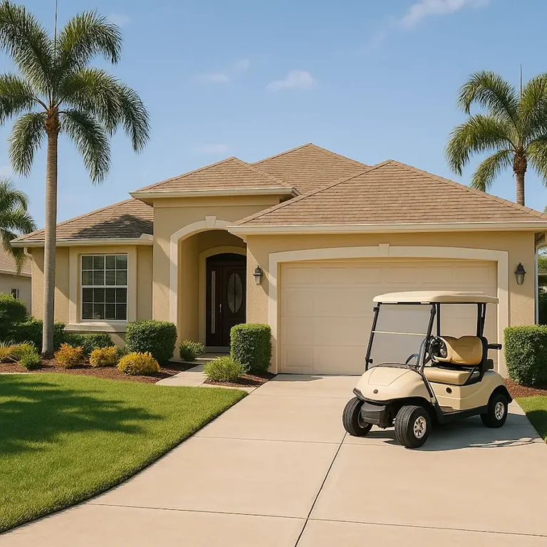 Home in The Villages Florida with golf cart in driveway