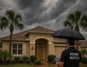 Home watch professional with umbrella and tablet checking a Florida home during stormy weather, emphasizing on-call service and storm readiness for absentee homeowners.