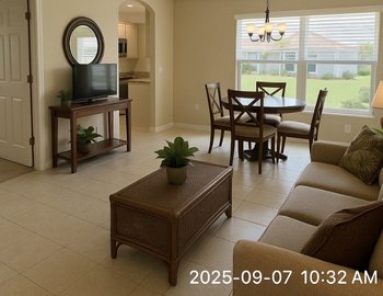 Interior photo of a well-maintained Florida home with visible time and date stamp, showcasing documented proof of home watch visits and the attention to detail homeowners can expect.