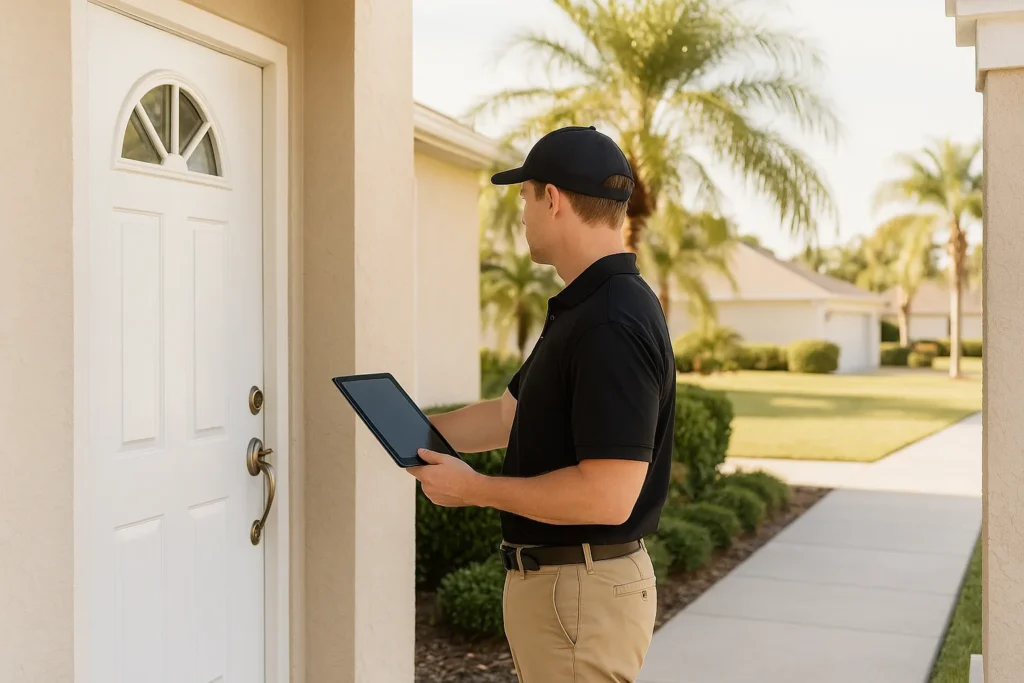 Professional home watch inspector checking the front door of a Florida home with a tablet during a routine inspection.