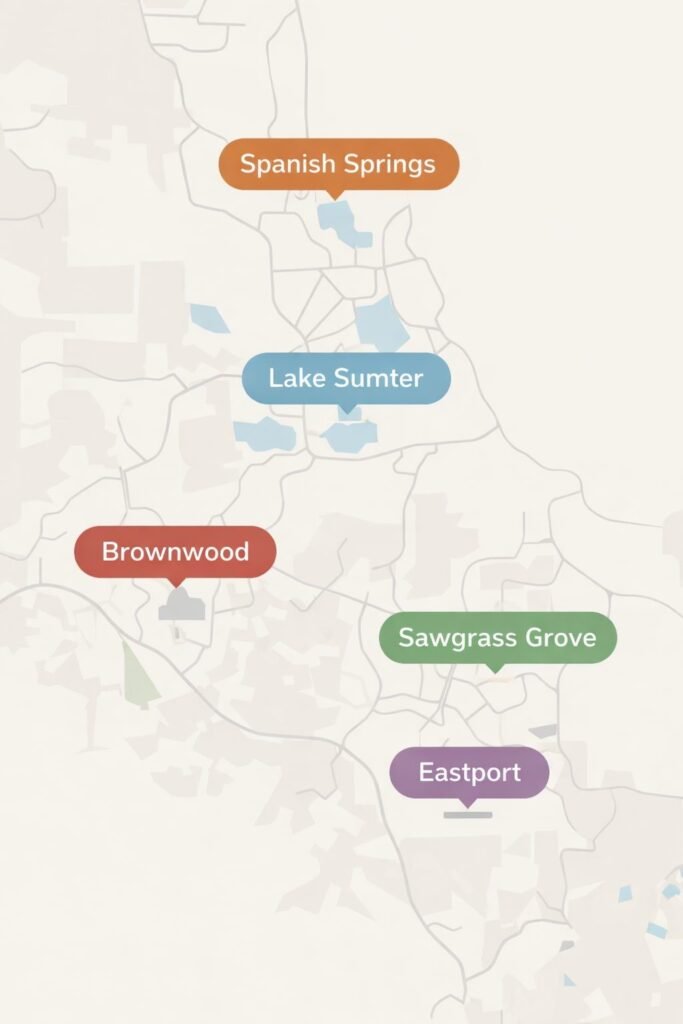 Map showing The Villages home watch service areas including Spanish Springs, Lake Sumter, Brownwood, Sawgrass Grove, and Eastport.