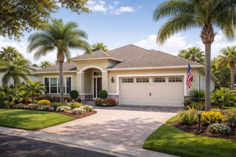Front view of a single‑story home in The Villages, Florida, featuring a well‑kept lawn, colorful flower beds, palm trees, and an American flag beside the garage on a bright sunny day.