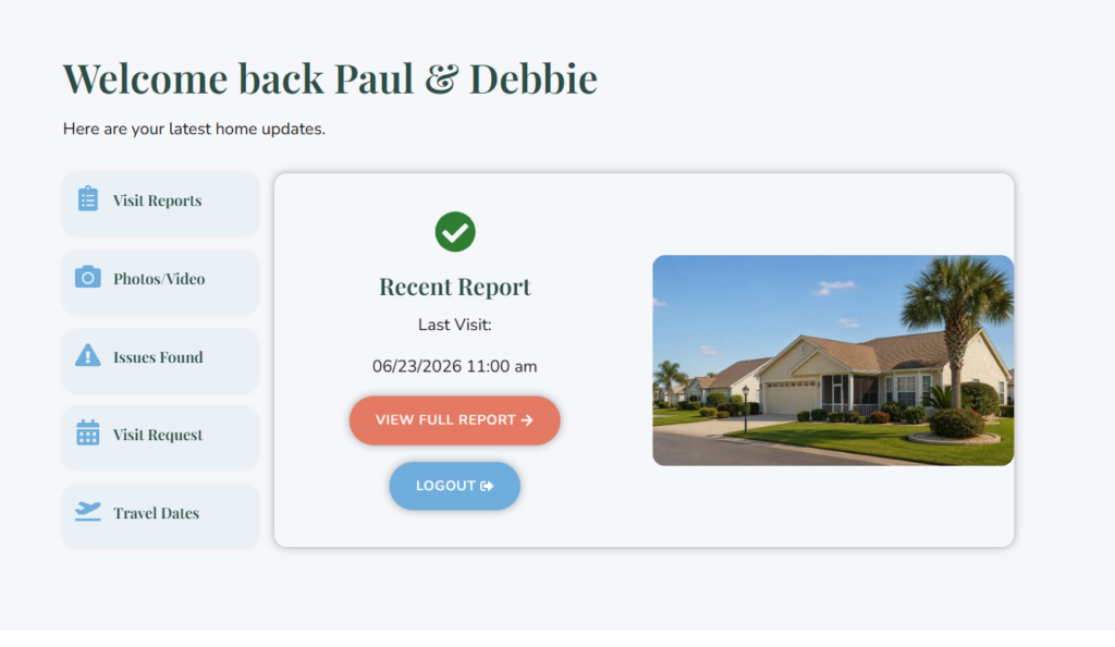Secure Home Watch client dashboard showing the latest property inspection report, visit history, photos, and homeowner service options.