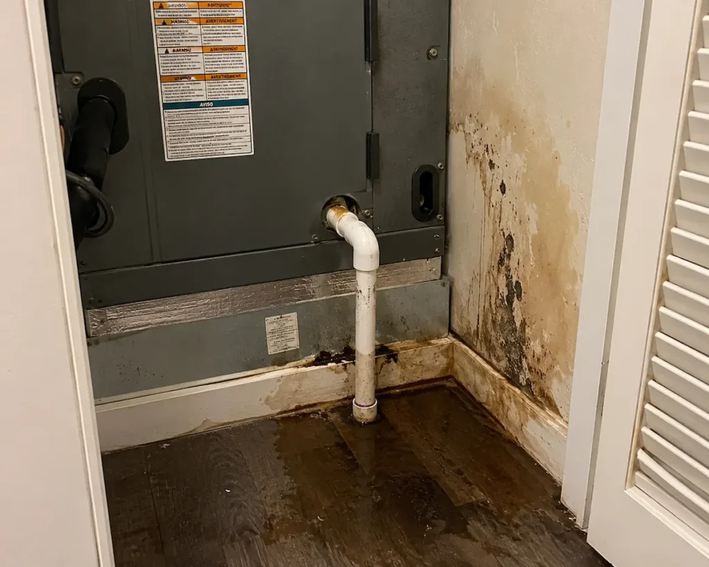 Water damage near an HVAC air handler caused by a clogged condensate drain line, highlighting a common issue in vacant Florida homes.
