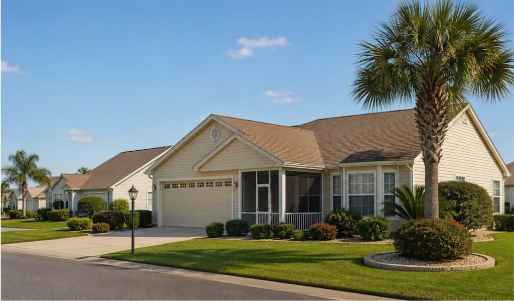 Well-maintained single-family home in The Villages, Florida with landscaped yard and palm trees, representing professional home watch and property monitoring services.