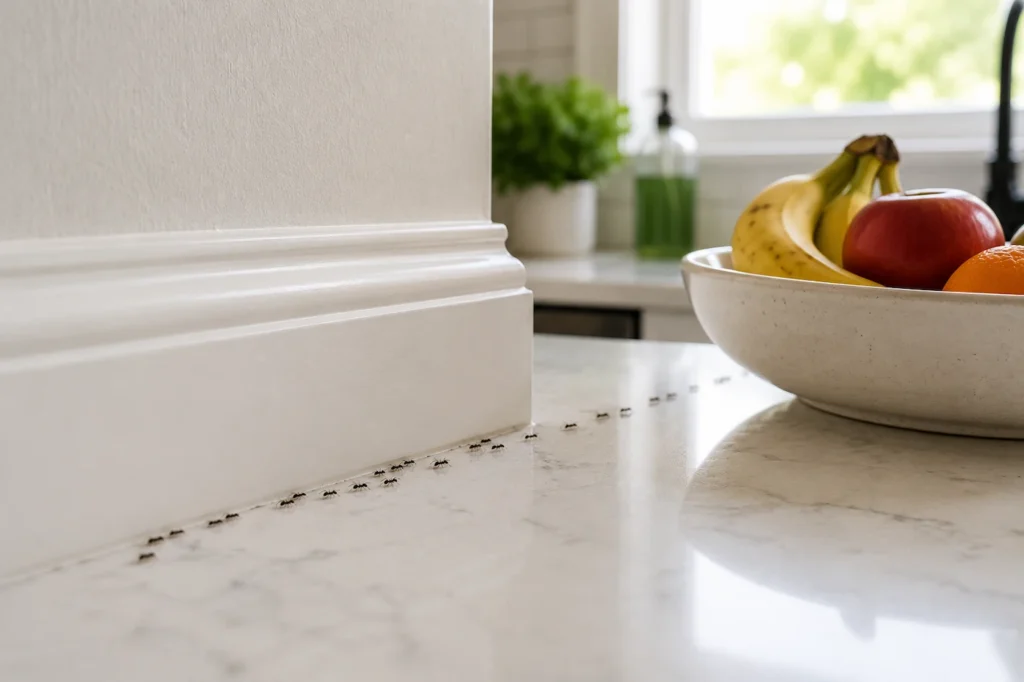 Small ants forming a visible trail across a kitchen countertop near a fruit bowl.