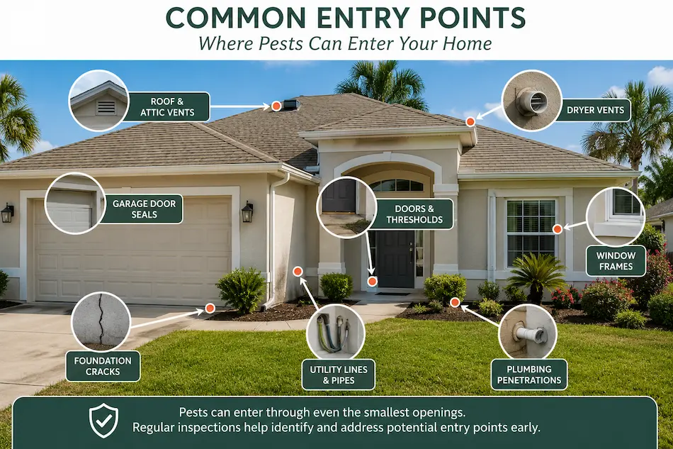 Illustration showing common entry points where Florida vacant home pests can enter through doors, windows, vents, utility lines, and foundation gaps.