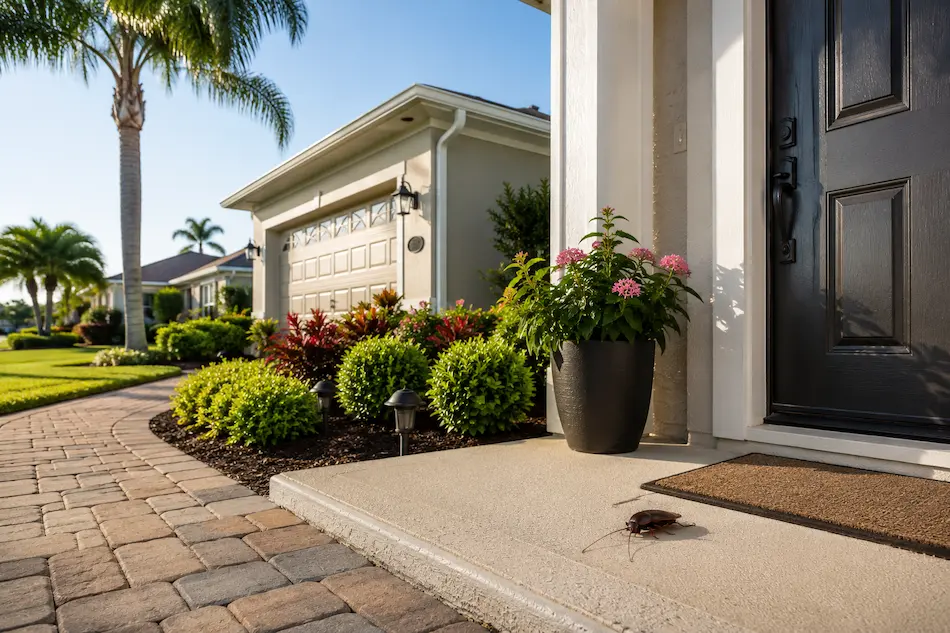 Palmetto bug outside the front door of a Florida home, illustrating how Florida vacant home pests can appear even at well-maintained properties.