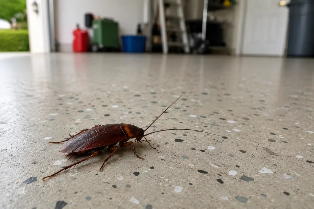 Large palmetto bug on a polished concrete garage floor in a Florida home, surrounded by storage items.