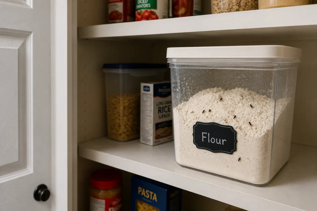 Weevils crawling inside a flour container on a pantry shelf, showing a common pantry pest infestation and the need for proper food storage.